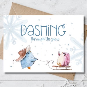 Cartolina di Natale del pinguino, cartolina di Dashing through the snow, DOWNLOAD IMMEDIATO, acquerello festivo, cartolina di buon Natale, cartolina del pinguino stampabile
