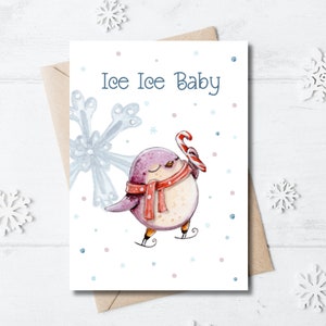 Tarjeta de Navidad de pingüino, bebé de hielo, DESCARGA INSTANTE, Tarjeta navideña, Acuarela, Tarjeta de feliz Navidad, Tarjeta de pingüino imprimible