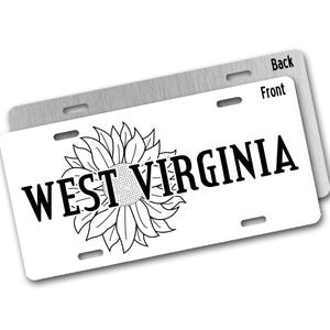 West Virginia License Plate, WV State Front License Plate Car Decor with Sunflower, Custom Car Accessories, Vanity Car Tag on White
