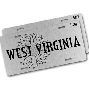 West Virginia License Plate, WV State Front License Plate Car Decor with Sunflower, Custom Car Accessories, Vanity Car Tag on Silver