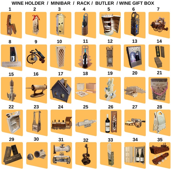 105 Laser cut, Gift Wine Bottle Rack Beer Holder, Wine Bottle box Bundle, Laser Cut Engrave, Wine glass holder Cut File,Wine Butler