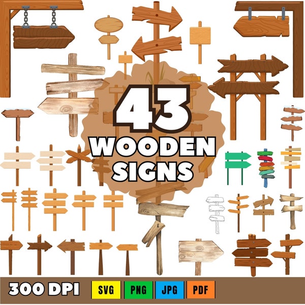 Wooden Signs Clipart - Rustic Wooden Borders Download - Instant Download - Wood Sign Posts, Arrows, and Hanging Signs