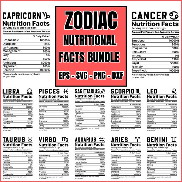 Zodiac Sign Nutrition Facts SVG Bundle | Nutrition Facts Mega Design Bundle | Zodiac Sign Nutrition Shirt