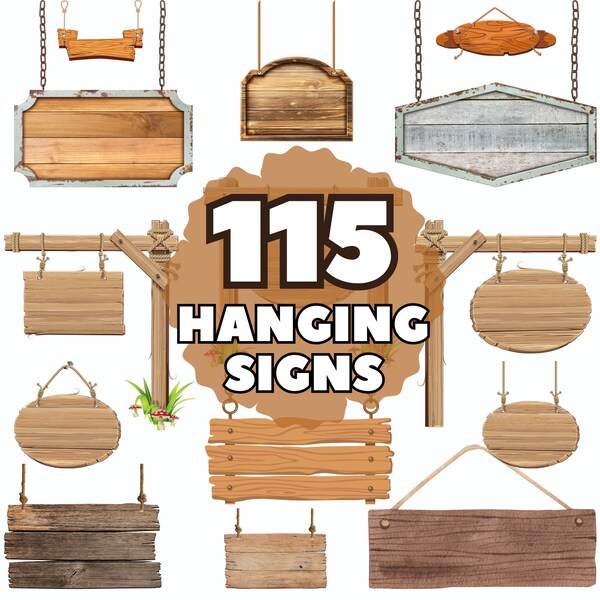 Hanging Wood Signs - Digital Set: Create Charming Designs with Ease - Charming hanging signs with ropes, ideal for creating custom signage,