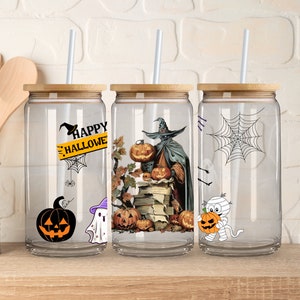 Halloween Witch Glass Tumbler with Lid, Teacher Halloween Iced Coffee Tumbler, Cute Spooky Teacher Gift, Halloween Drinkware
