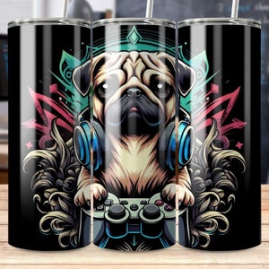 Colorful Pug Dog DJ with Headphones Gamer Tumbler, Unique Graphic Drinkware Gift, Pug lover gift
