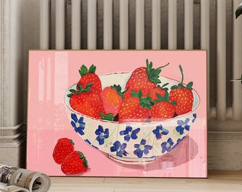 Strawberry Bowl Print | Pink Kitchen, Preppy Wall Art (Digital Download)