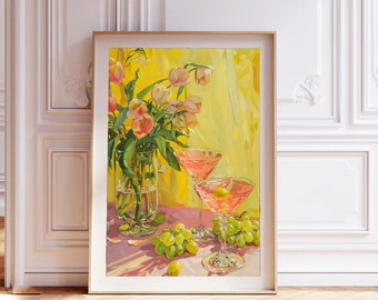 Tulip and Cocktail Art Print, Retro Yellow Bar Cart Decor (Digital Prints)