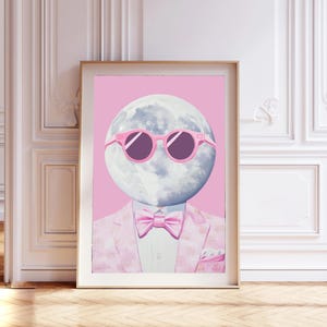 Pink Bow Moon Man Preppy Wall Art Pink Halloween Poster Maximalist Painting Trendy Dorm Decor Printable Halloween Decor Coquette Aesthetic