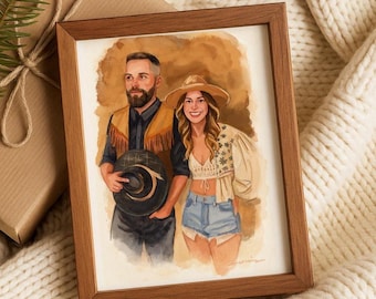 Watercolor couple portrait, Western Cowboy Style, Gift for her, Engagement Gift, Gift for Cowgirl