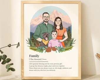 Custom Family Illustration Portrait, Unique Wedding Anniversary Gift