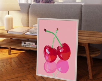 Red Cherries Wall Art Print, Preppy Feminine Decor (Digital Download)