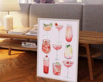 Pink Cocktail Set Wall Art Coquette Champagne Wall Decor Retro Glasses Print Wall Art Poster Bar Cart Accessories Trendy Dinning Room Poster