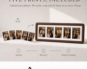 Instax Mini Photo Frame, Five Photo Grid with Free Prints, Solid Walnut or Teak Wood, Photo Booth Strip Display, Friendship Gift
