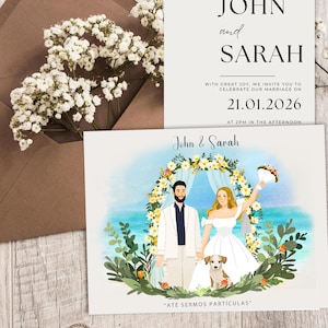 Illustration d'invitation de mariage, illustration de portrait de couple, carte-cadeau de mariage pour elle, cadeau de proposition, cadeau d'anniversaire de mariage, portrait