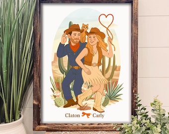 Custom Western Couple Portrait – King & Queen Illustration (Digital Printable)