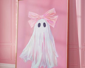 Pink Ghost with Bow Art Print: Trendy Halloween Decor (Digital Download)