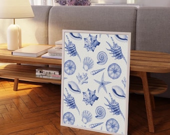 Sea Shells Digital Print, Pastel Blue Coastal Wall Art (JPEG)