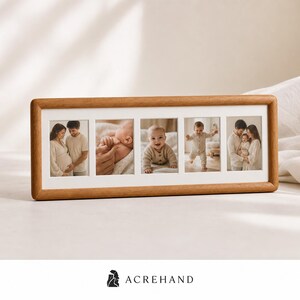 May include: A horizontal wooden picture frame with a white mount featuring five rectangular apertures. The frame displays a series of photographs showing a couple expecting a baby, a newborn, a crawling infant, a toddler walking, and a family.