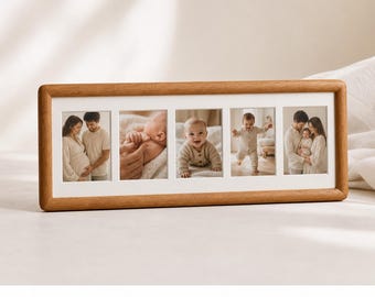 Five Photo Memory Frame with Free Prints, Solid Walnut or Teak Wood Collage, Family Timeline, Anniversary, Baby or Pet Keepsake Gift