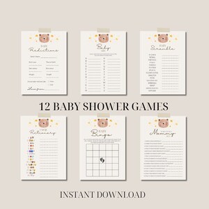 12 bear baby shower games printable | stars bear-y theme digital download activities boy girl beige party bundle sprinkle beary neutral cute