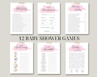 12 cloud-babyshowerspellen printbaar | cloud thema digitale download leuke babyspelletjes activiteiten roze aquarel babymeisje party games bundel
