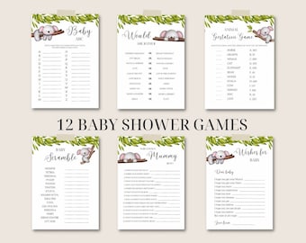 12 koala baby shower games printable | animal theme digital download fun games activities watercolour unisex neutral baby party games bundle