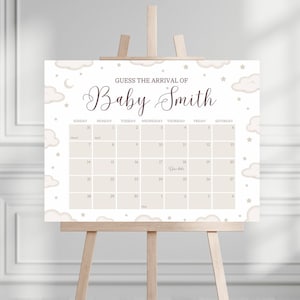 Plantilla editable de calendario de fecha de vencimiento del bebé en la nube beige luna estrellas baby shower juego de fecha de nacimiento adivina la llegada imprimible nube nueve neutral