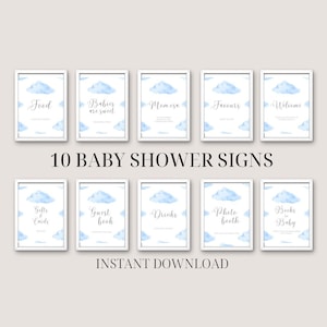 10 cloud baby shower signs printable | cloud nine theme digital download fun signage set decor cloud 9 blue watercolour baby boy bundle