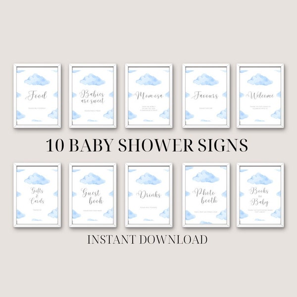 10 cloud baby shower signs printable | cloud nine theme digital download fun signage set decor cloud 9 blue watercolour baby boy bundle
