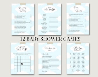 12 cloud baby shower games printable | cloud theme digital download fun baby games activities blue baby boy party games bundle cloud nine