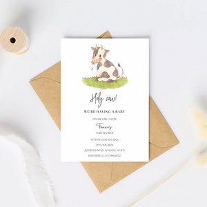 Holy cow baby shower invitation editable template printable digital cute animal farm gender neutral boy girl diaper raffle books for baby