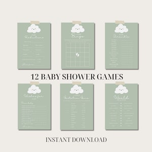 12 jeux de baby shower cloud imprimables | thème de dessin animé peint téléchargement numérique jeux amusants activités garçon fille sage green party bundle saupoudrer