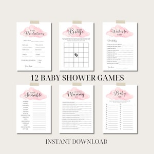 May include: Twelve printable baby shower game cards with pink and white watercolor clouds. The games include Baby Predictions, Baby Bingo, Wishes for Baby, Baby Scramble, Who Knows Mommy Best, and Baby ABC.