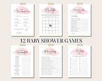 12 cloud-babyshowerspellen printbaar | cloud nine 9 thema digitale download games activiteiten roze aquarel babymeisje party games bundel