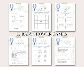 12 cloud baby shower games printable | sky cloud nine 9 theme digital download hot air balloon blue watercolour baby boy party games bundle