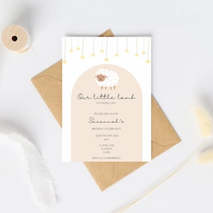 Notre petit agneau d'invitation d'anniversaire modèle modifiable imprimable numérique | beige neutre fille garçon bohème cambré mouton étoiles dreamy kids party one