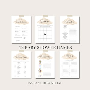 12 cloud baby shower games printable | cloud 9 nine theme digital download fun games activities beige watercolour boy girl party bundle sky