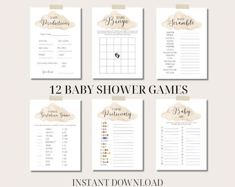 12 cloud baby shower games printable | cloud 9 nine theme digital download fun games activities beige watercolour boy girl party bundle sky