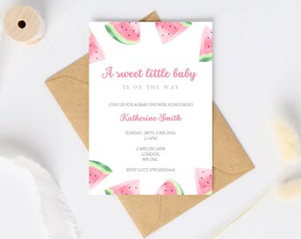 A SWEET LITTLE baby shower invitation template digital download | pink watercolour watermelon baby girl fruit summer spring invite printable