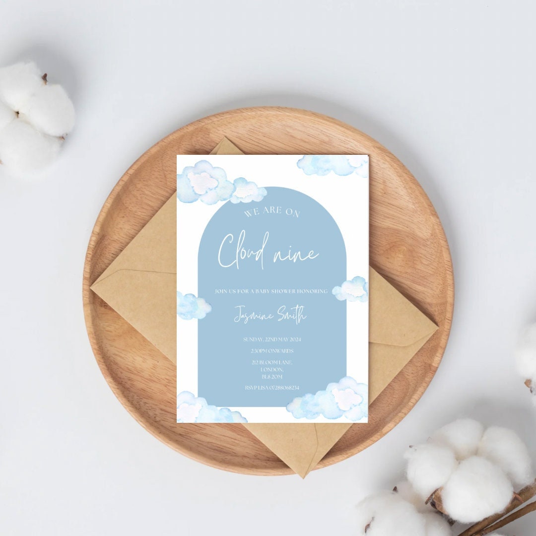 CLOUD NINE baby shower invitation digital editable template | cloud 9 oh baby moon stars sky invite baby boy printable arch dusty blue boho