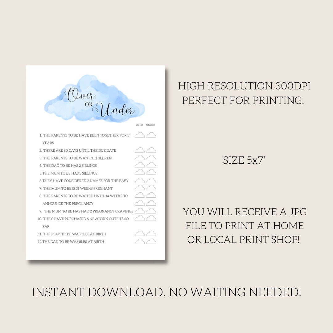 OVER OR UNDER Baby Shower Game Printable! Cloud Theme Digital Download ...