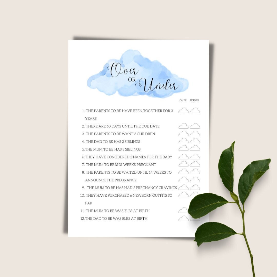 OVER OR UNDER Baby Shower Game Printable! Cloud Theme Digital Download ...