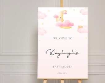 nube rosa, estrellas y luna baby shower signo / en la nube nueve 9 tema de cartel de bienvenida descarga digital imprimible A4 A3 acuarela chica espolvorear