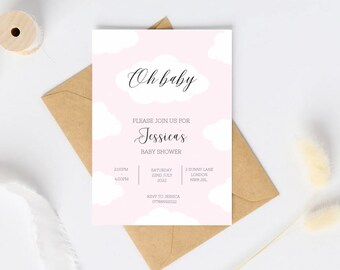 CLOUD THEME baby shower invitation digital download | cloud oh baby moon stars sky theme baby shower invite | pink baby girl printable