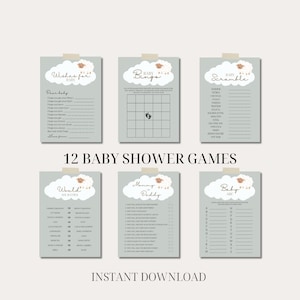 12 little lamb baby shower games printable | sheep cloud theme digital download fun games activities boy girl sage party bundle sprinkle