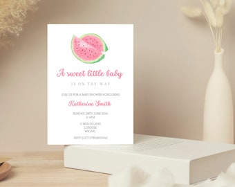 A SWEET LITTLE baby shower invitation template digital download | pink watercolour watermelon baby girl fruit summer spring invite printable