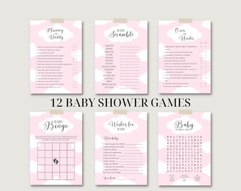 12 cloud-babyshowerspellen printbaar | cloud thema digitale download leuke babyspelletjes activiteiten roze babymeisje partygames bundel cloud negen