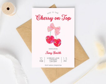 Cherry on top baby shower digital invitation template groovy fruit baby sprinkle brunch disco invite summer girl retro hearts pink printable