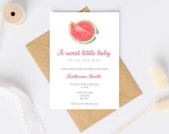 Può includere: Un invito a una festa di baby shower bianco con un'illustrazione di anguria. Il testo recita "A sweet little baby is on the way. Join us for a baby shower honoring Katherine Smith. Sunday, 28th June 2024, 2-4pm. 2 Melon Lane, London, W8 2ML. RSVP Lucy 07802600442"